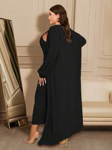 Solid Color Plus Ribbed Knit Two-Piece Set, Autumn And Winter Long Sleeved Cardigan Jacket And Sleeveless Sexy Dress, Women's Plus Size Clothing - 黑色 - 查看 4