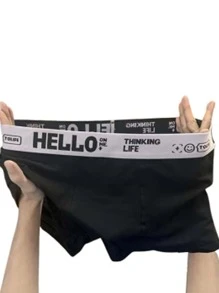 5件裝「Hello」風格男士內褲，抗菌透氣舒適四角內褲，彈性運動短褲，男士休閒日常內著 - 黑色 - 查看 5
