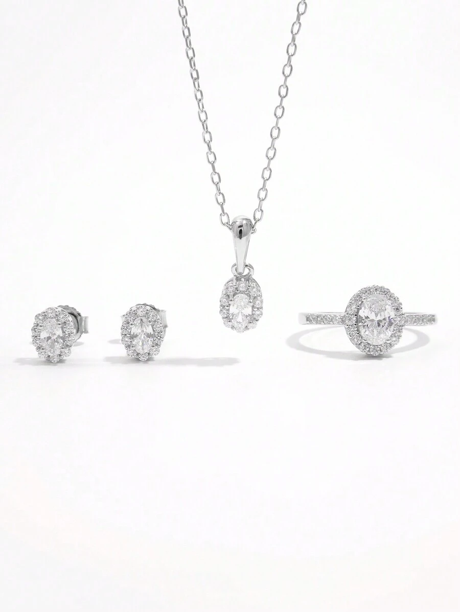 Vaerine 1set Elegant Fashion Luxury Sparkling Classic 925 Silver Zirconia Oval Earrings Necklace Ring Jewelry Set, Suitable For Date, Party, Wedding, Daily Wear, Gift To Enhance Lady's Elegant - Oval - View 1