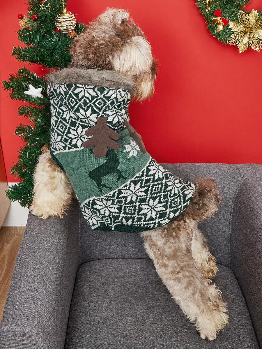 加厚羊毛针织鹿图案狗毛衣，经典图形设计，秋冬季保暖