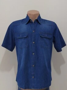 Men's Short Sleeve Denim Shirt With Pocket - 寶藍色 - 查看 1