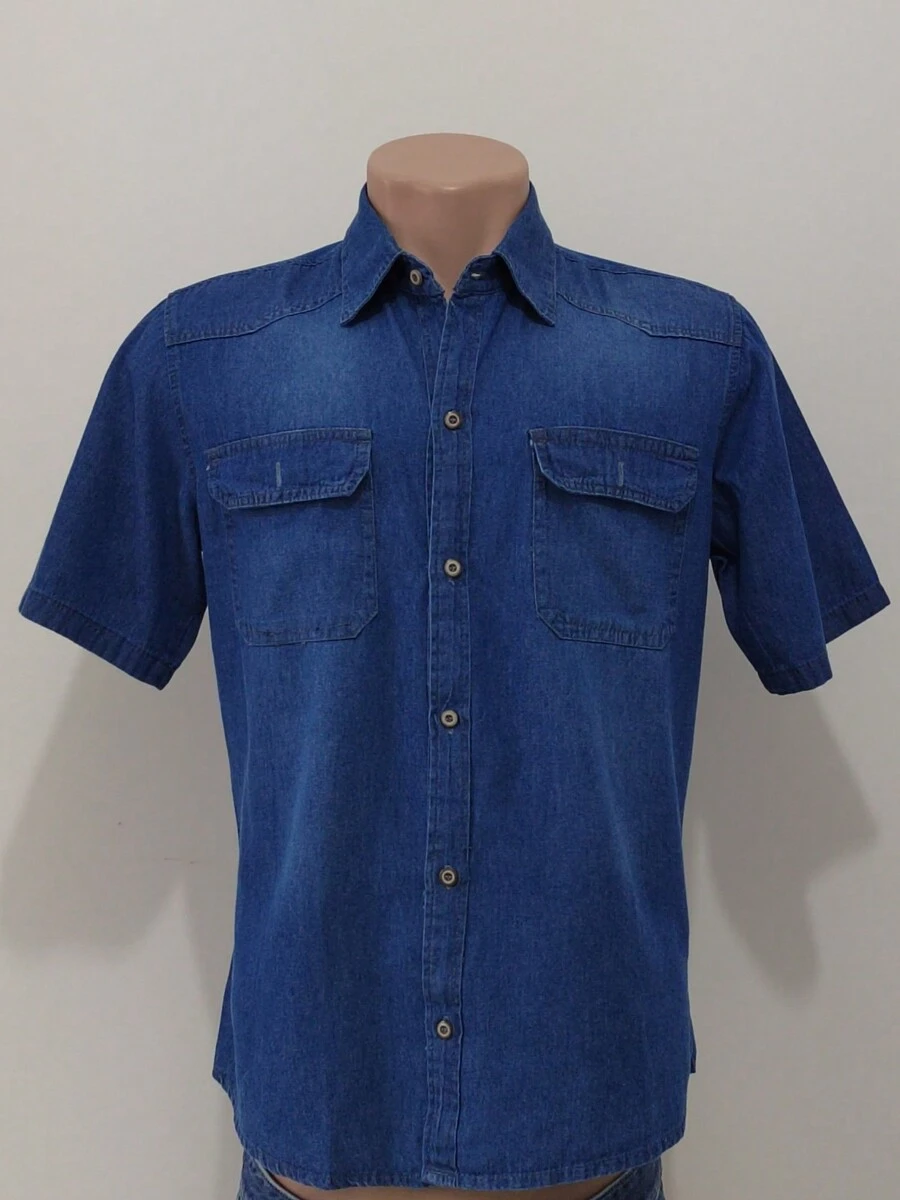 Men's Short Sleeve Denim Shirt With Pocket - 寶藍色 - 查看 1