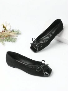 2025新款蝴蝶结方头粗跟平底套脚休闲舒适软底女鞋