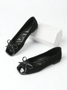 2025新款蝴蝶结方头粗跟平底套脚休闲舒适软底女鞋