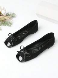 2025 New Bowknot Square Toe Chunky Heel Flat Slip-On Casual Comfortable Soft Bottom Women Shoes