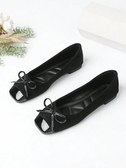2025 New Bowknot Square Toe Chunky Heel Flat Slip-On Casual Comfortable Soft Bottom Women Shoes