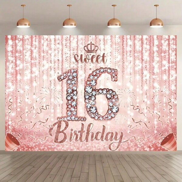1pc Sweet 16 Light Pink Background Banner, Multi-Size, Polyester Material, Suitable For Photography Props And Birthday Party Decoration, Party Background, Photo Background, Home Interior/Exterior Decoration, Cake Table, Photo Background, Party Celebration