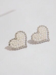 imoli 1 Pair Vintage Elegant Resin Faux Pearl Heart Crystal Inlaid Minimalist Charming Teardrop Earrings, Versatile For Women, Party Gift Valentines