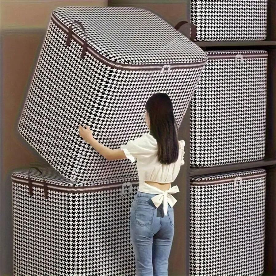 1 hộp đựng đồ vải kẻ caro dày 47,55 gallon cỡ lớn, thùng đựng quần áo và đồ giường gia dụng dung tích lớn, chống bụi và chống ẩm với khóa kéo đôi và tay cầm, giỏ đựng đồ khi di chuyển và du lịch - Đen và trắng - Xem 1