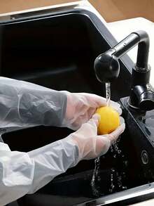 10 件装超长厨房清洁手套，防水防油，耐用舒适的塑料手套，多用途用于洗碗、清洁、园艺 - 不含酒精材料 - 彩色 - 查看 4