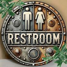 1 件复古圆形浴室木制标牌 - 7.87 英寸乡村风格墙壁艺术牌匾、圣诞节/新年装饰标牌、圣诞节/新年礼物、工业装饰，适用于家庭、餐厅、酒吧、咖啡厅、车库、农舍 - 男女通用浴室门标牌，孔位置随机 - 彩色 - 查看 1