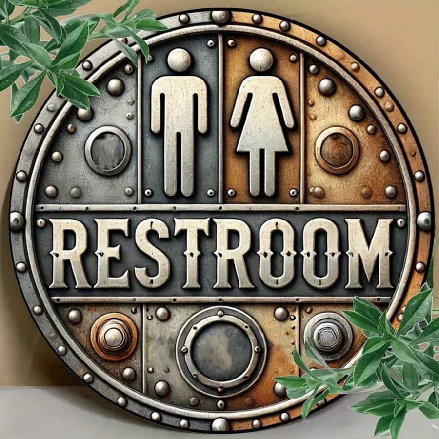 1 件复古圆形浴室木制标牌 - 7.87 英寸乡村风格墙壁艺术牌匾、圣诞节/新年装饰标牌、圣诞节/新年礼物、工业装饰，适用于家庭、餐厅、酒吧、咖啡厅、车库、农舍 - 男女通用浴室门标牌，孔位置随机 - 彩色 - 查看 1