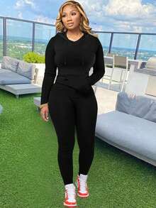 秋冬季休闲女士运动两件套长袖连帽上衣紧身裤纯色健身套装