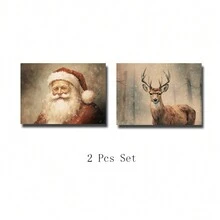 2 件套圣诞老人和驯鹿帆布墙画现代圣诞装饰，非常适合卧室、家庭办公室，无框架 - 彩色 - 查看 4