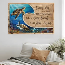 1 Pc Canvas Framed Wall Art Blue Ocean, Sea Turtle, Every Day Is A New Beginning - Jesus Landscape Canvas Prints, Wall Art For Living Room Bedroom Bathroom Modern Wall Deco Home Decorations