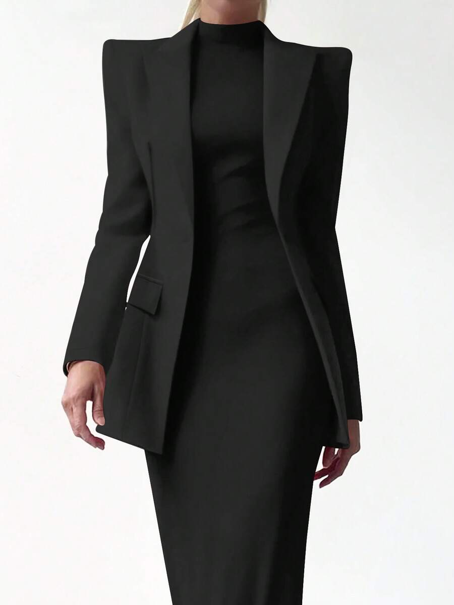 New Versatile Elegant Collar Waist-Cinching Long-Sleeved Blazer Casual Suit Jacket With Shoulder Pads - Black - View 1