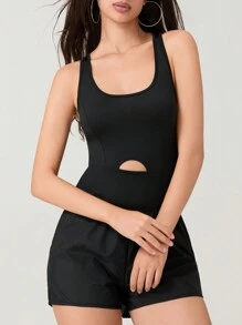 Women's Workout Athletic Romper Summer Sets Short Jumpsuits One-Piece Running Outfits Exercise Gym Yoga Clothes - 黑色 - 查看 6