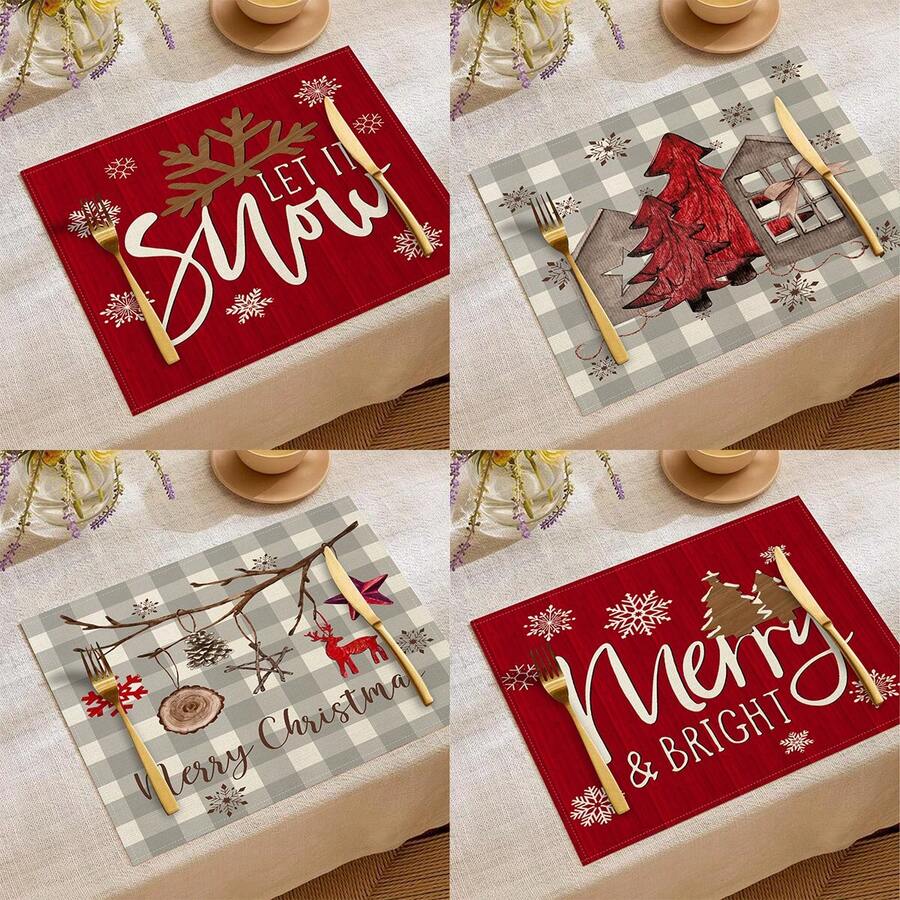 1pc/4pcs/6pcs Winter Christmas Decorative Placemats, Snowflake Reindeer Christmas Star Christmas Tree Bow Letter Linen Placemats, Dirt-Resistant Placemats, Suitable For Home, Restaurants And Cafes, Tabletop Decor, Home Supplies - Multicolor - View 1