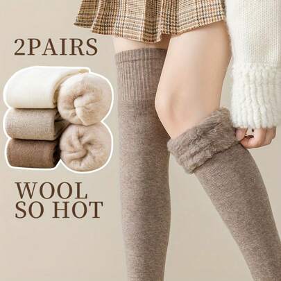 2 Pairs Plus Size Women's Thigh High Stockings - Soft, Solid, Thick, Warm, Plush Lined, Fluffy, Over The Knee Socks For Fall And Winter