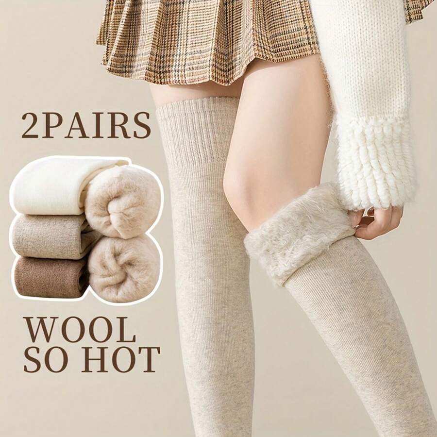 2 Pairs Plus Size Women's Thigh High Stockings - Soft, Solid, Thick, Warm, Plush Lined, Fluffy, Over The Knee Socks For Fall And Winter - Multicolor - View 1