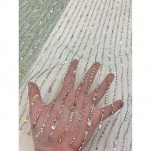 非洲奢华串珠薄纱蕾丝面料 2024 尼日利亚手工重亮片珍珠蕾丝面料适用于新娘婚纱 - 彩色 - 查看 4