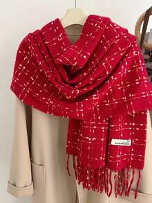 1 件女士韩式圆形纱布格子仿羊毛加厚披肩围巾带流苏，保暖，适合秋冬季 - A - 查看 5