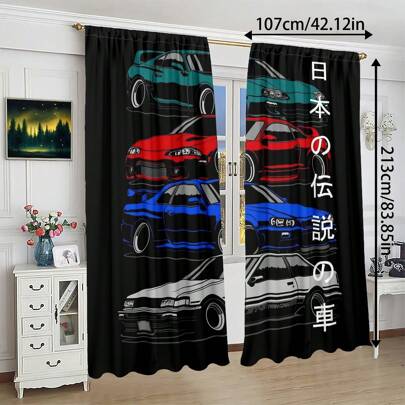 2 piezas Cortinas de habitación con diseño de dibujos animados, cortinas de poliéster para sala de estar, cortinas opacas para dormitorio, decoración del hogar para dormitorio, estilo de decoración de boda para dormitorio, cortinas opacas sin perforación