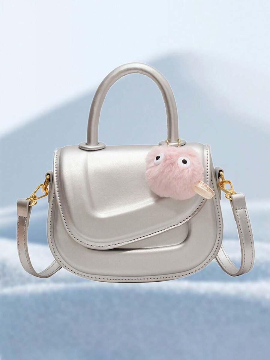 Ladies PU Cute Crossbody Bag,Mini Saddle Bag With Plush Pendant,Adjustable Shoulder Strap Girls Bags - 銀色 - 查看 1