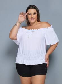 Cropped Elastex Cganinha Off-The-Shoulder Plus Size Women's Blouse - 白色 - 查看 3