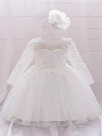 Abito elegante da principessa in tulle a maniche lunghe rosa per bambine, adatto per feste