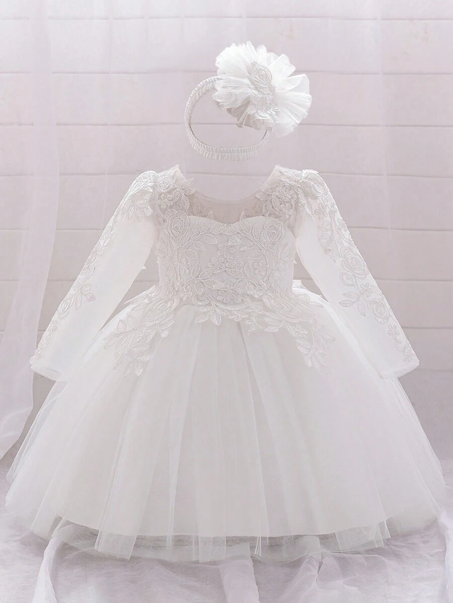Baby Girls' Pink Long Sleeve Elegant Tulle Princess Dress, Suitable For Parties - 白色 - 查看 1