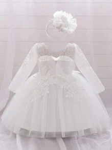 Baby Girls' Pink Long Sleeve Elegant Tulle Princess Dress, Suitable For Parties - 白色 - 查看 3