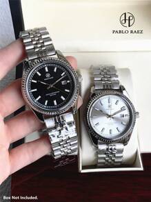 Pablo Raez 1 pieza Reloj vintage de hombre de negocios, accesorio clásico popular de verano, nueva marca de lujo AAA de acero inoxidable con pulsera de cadena, resistente al agua 50M, calendario simple, esfera negra con índices luminosos, punteros y escala, reloj de cuarzo de estilo casual y elegante para uso diario, regalo ideal para padre, amigos hombres, decoración de fiestas, graduación y bodas