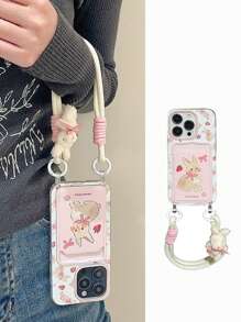 苹果粉红草莓，可爱蝴蝶结兔子设计卡片盒带挂绳兼容 16 Pro Max / 14，新版本兼容 12、15、14 Pro、13 Pro Max，防震手机壳防水防摔防刮 - 粉色 - 查看 4