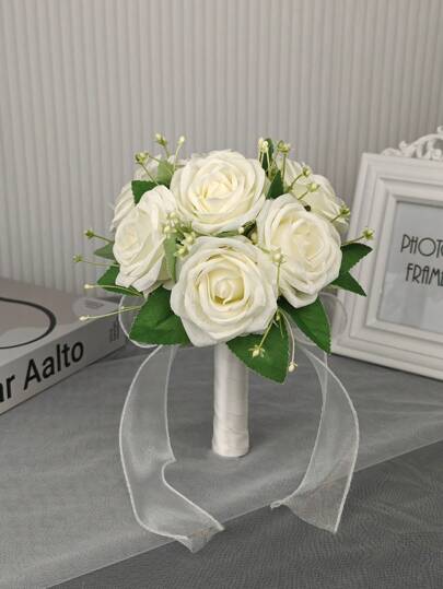 1 st handgjord konstgjord vit rosenblommabukett, lämplig för brud, brudtärna, bröllop, fotografering, fest och ceremonidekoration Alla hjärtans dag