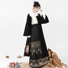 معطف طويل كم طويل ياقة مربعة مع أزرار زهرة اللوز على الصدر وحزام خصر مطاطي، مناسب للتنقلات اليومية، متعدد الاستخدامات للحفلات والمناسبات