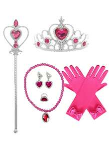 1set Kids Heart Crown, Wand, Gloves, Chain, Princess Dress Up Prop For Role Play Party, Ice Princess Costume