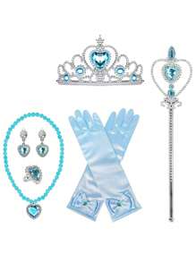 1set Kids Heart Crown, Wand, Gloves, Chain, Princess Dress Up Prop For Role Play Party, Ice Princess Costume
