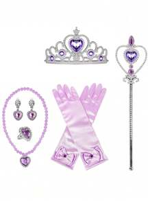1set Kids Heart Crown, Wand, Gloves, Chain, Princess Dress Up Prop For Role Play Party, Ice Princess Costume