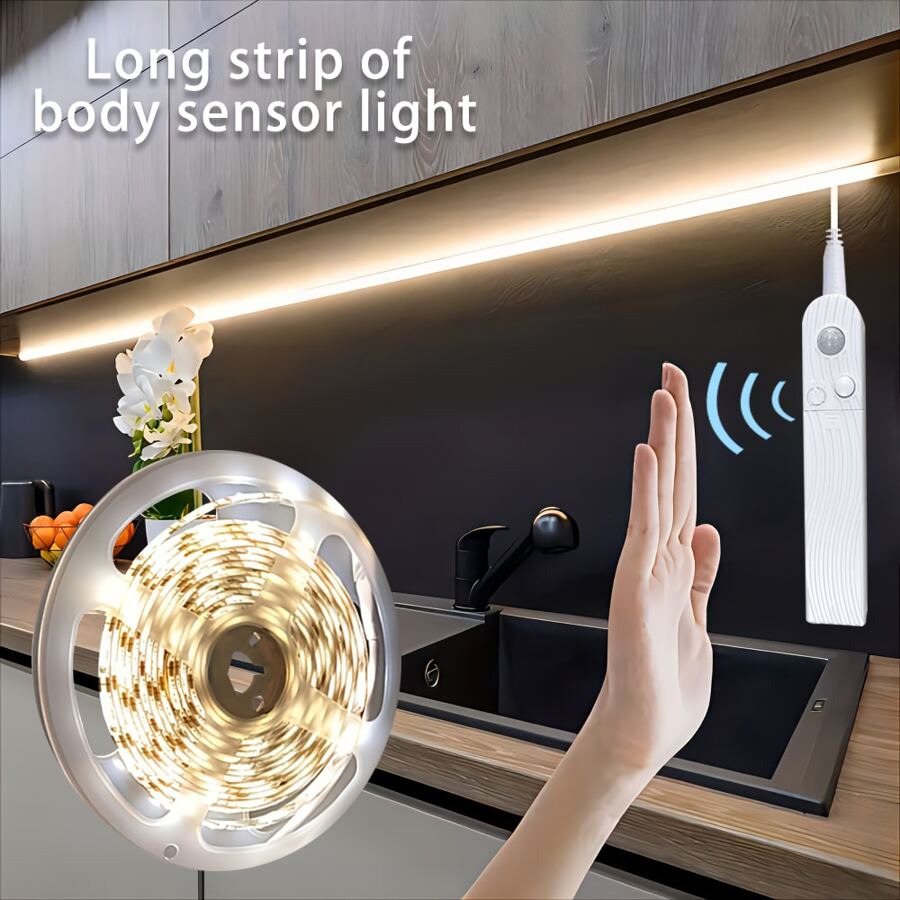 2835RGB Body Sensor LED Strip Light, 3.28FT/1M-16.4FT/5M, Battery Box Mounted Battery Powered Or USB Powered (Batteries Not Included), Warm Light/White Light Optional, Soft And Bright Colors Suitable For Staircases, Closets, Study Rooms, Bedrooms. - CT-white Light/Warm Light - View 1