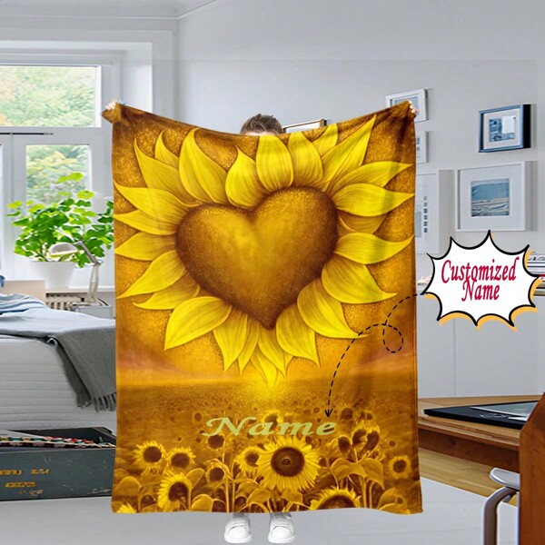 1 personalisierte Flanell-Decke mit Ihrem Namen, personalisierte Sonnenblumen-Muster-Text-Decke, Outdoor-Reise und Lässig Ganzjahresschlafdecke