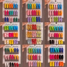 9pairs New European & American Style Exaggerated C-Shape Electroplated Colored Resin Earrings Set - CCB - View 1