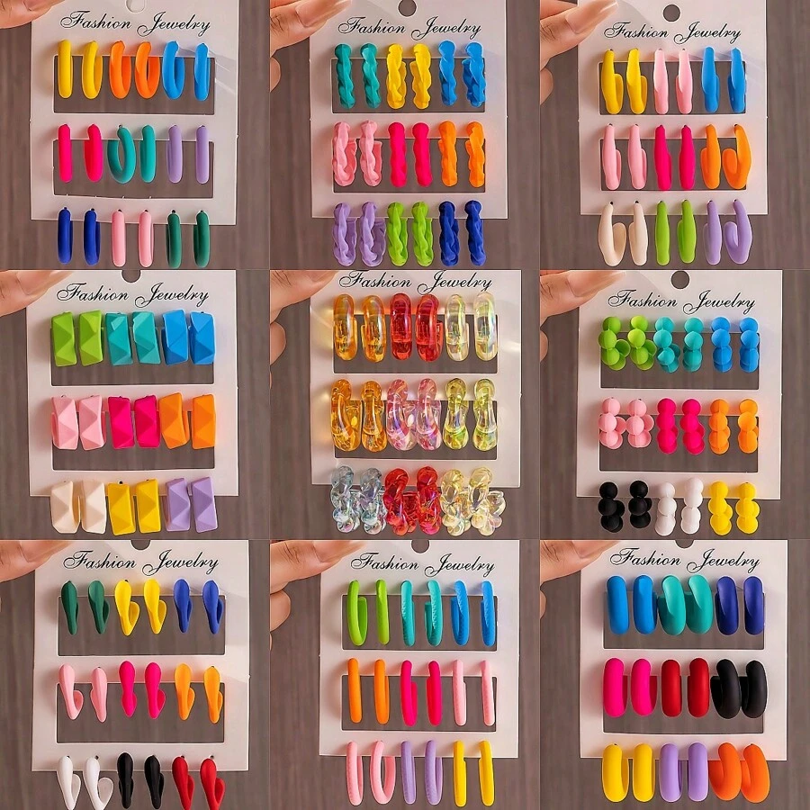 9pairs New European & American Style Exaggerated C-Shape Electroplated Colored Resin Earrings Set - CCB - View 1