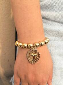 1 件女式空心心形串珠手链，手工制作的弹性简约珠宝 - 金色 - 查看 13