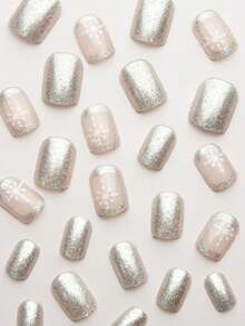 24 件/套短款法式闪亮圣诞雪花亮片全覆盖按压式指甲，含 1 件果冻凝胶和 1 件指甲锉，非常适合女士和女孩参加派对、约会、婚礼 - 彩色 - 查看 3