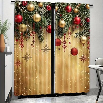 2st Eleganta gyllene julbollsgardiner - design med stång, maskintvättbar, lätt hängande polyesterdraperier för inredning i sovrum och vardagsrum, perfekt för festlig atmosfär