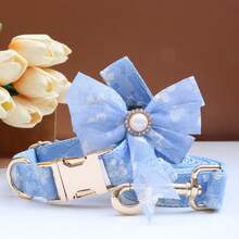 蕾丝装饰奢华宠物项圈，可调节结婚周年派对项圈，带领结，适合中型和大型犬 - 藍色蕾絲項圈蝴蝶結和繩子 - 查看 8