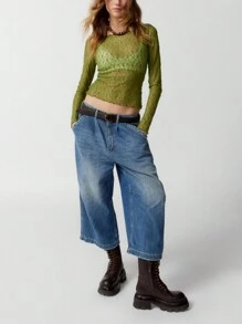 Women's Summer Sheer Crop Tops Long Sleeve Fitted Short Lace Going Out Tops For Party - 綠色 - 查看 10