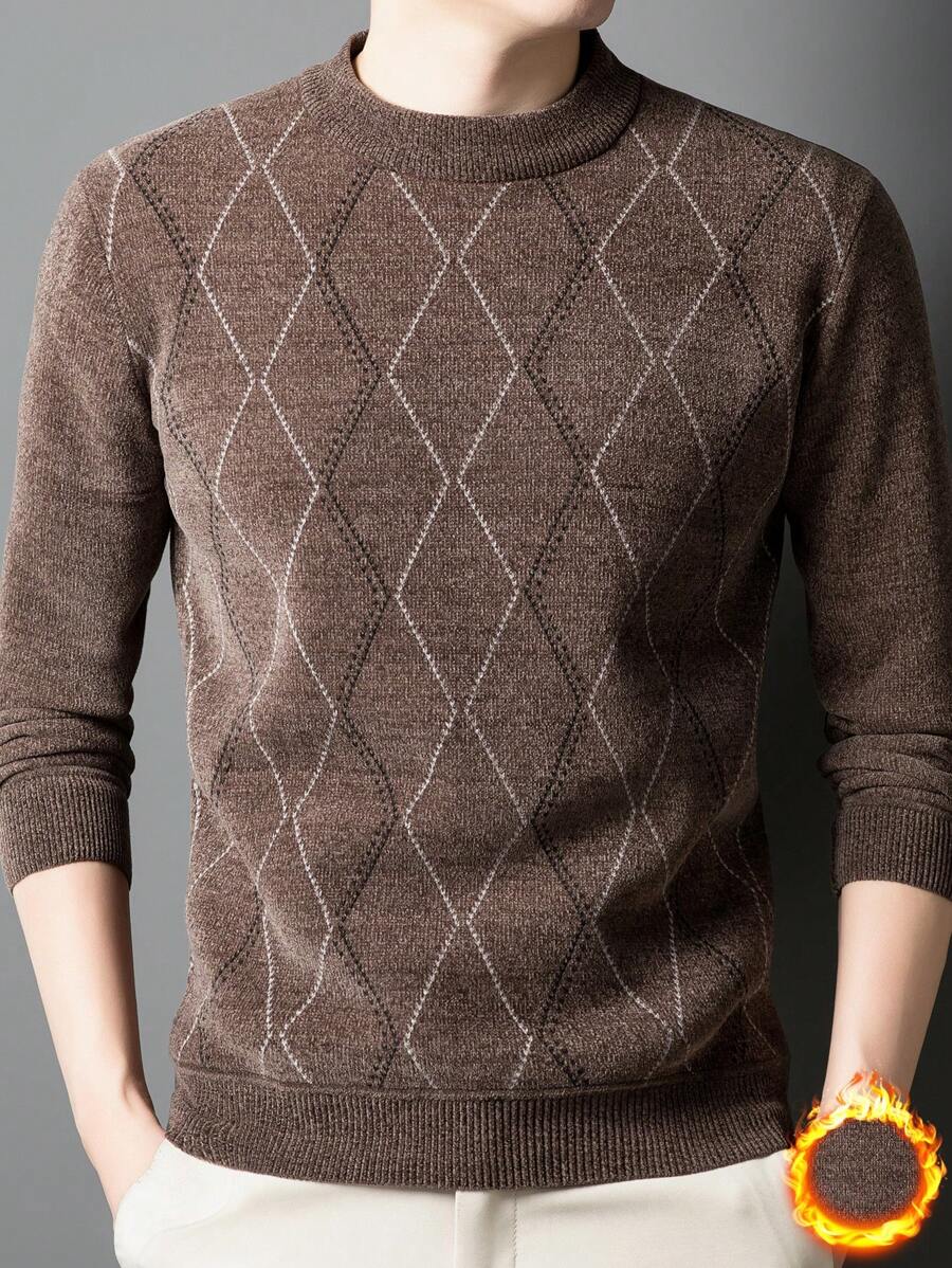 咖啡色男士圆领菱形格子保暖内衬厚仿羊绒针织毛衣，冬季 - 咖啡棕 - 查看 1