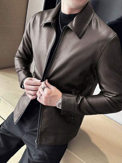 Men's Spring Autumn New Motorcycle Leather Jacket Outerwear,Fleece